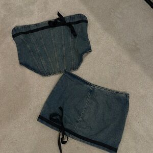 PrettyLittleThing Denim Corset and Skirt Set with Black Details